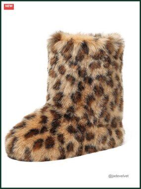 Faux Fur Snow Boots Plush Furry Fluffy Flat Heel Mid-Calf Winter Boots